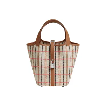 HERMES Picotin Lock Calfskin With Canvas Bag Basket Bag Handbag Women's Beige & Multicolor