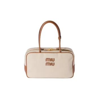 MIU MIU Beau Cotton Handbag Shoulder Bag Women's Beige With Brandy Accents