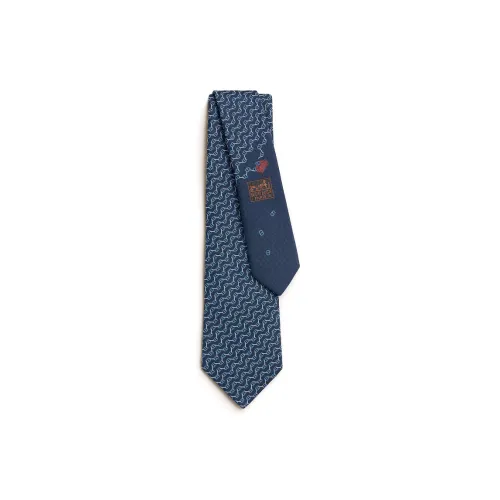 HERMES Mulberry Silk Ties Men's Marine Blue