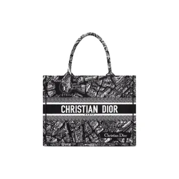 DIOR BookTote Cotton Tote Bag Shopping Bag Handbag Medium Size Women's Black & White