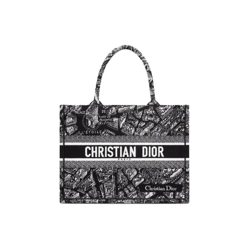 DIOR BookTote Cotton Tote Bag Shopping Bag Handbag Medium Size Women's Black & White