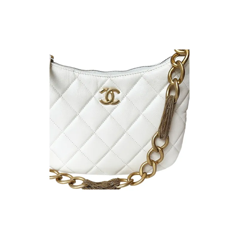 CHANEL Sheepskin Hobo Shoulder Bag Women's White-2