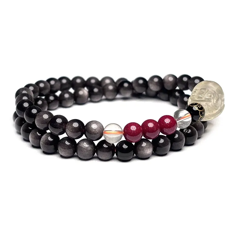 MOUNTAINS AND MANS Obsidian Double Wrap Layering Good Luck Beaded Bracelet Unisex-5