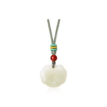 ZENGCAI Double Sided Carving Chinese Style Peaceful Lock Jade Pendant Pale Greenish White Jade Unisex