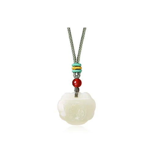 ZENGCAI Double Sided Carving Chinese Style Peaceful Lock Jade Pendant Pale Greenish White Jade Unisex