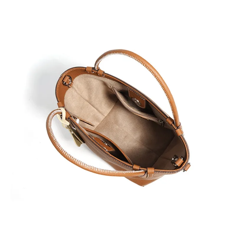 ROBERTA DI CAMERINO Cow Leather Basket Bag, One Shoulder Handbag Women's Caramel Brown/Milk Apricot Gray-4
