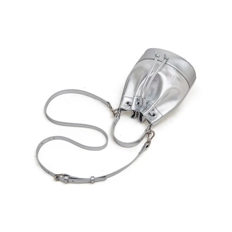 Old Man's Head Top Grain Cow Leather One Shoulder Bucket Bag Crossbody Handbag Women's Silver/Black-6