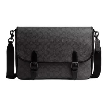 COACH Hitch Coated Canvas With Calfskin Messenger Bag, Shoulder Bag Large Size Men's Charcoal