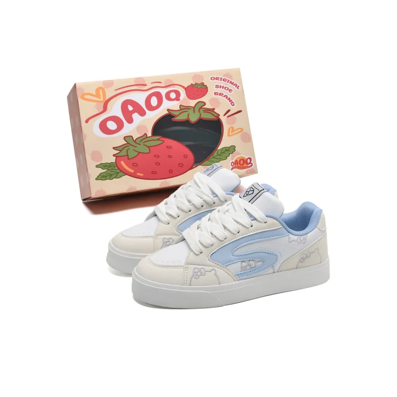 OAOQ Cushioned Wear Resistant Lightweight Breathable Low Top Skateboard Shoes Women's Beige Blue-1