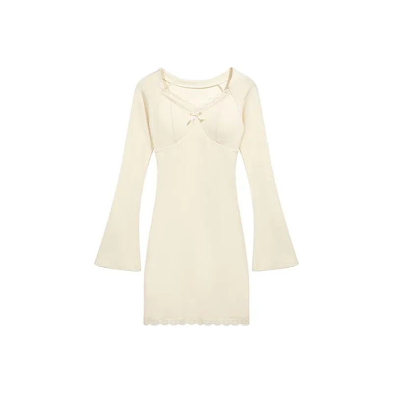 Long Sleeved Dress Women's Apricot Single Item-2