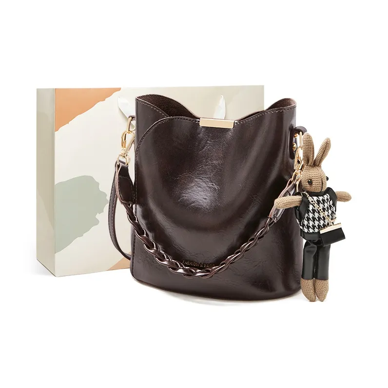 15 MINS Synthetic Leather Bucket Bag, Shoulder Bag, Crossbody Bag Regular Women's Coffee/Black-1