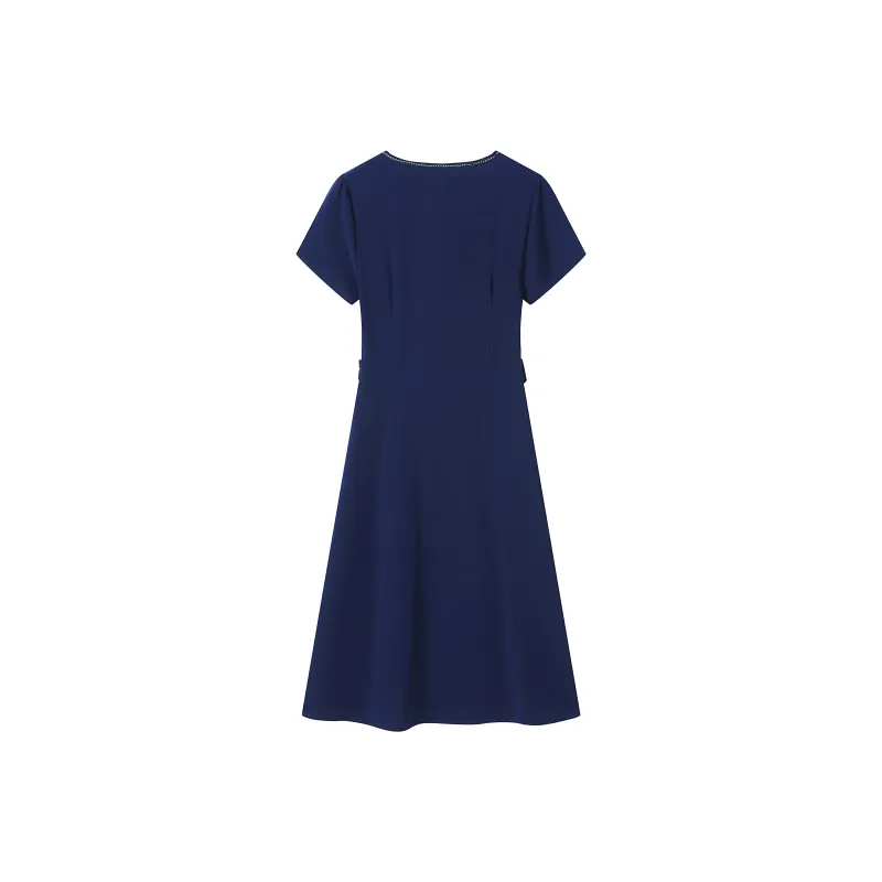 Korean Style Short Sleeved Dress Women's Navy Blue-1