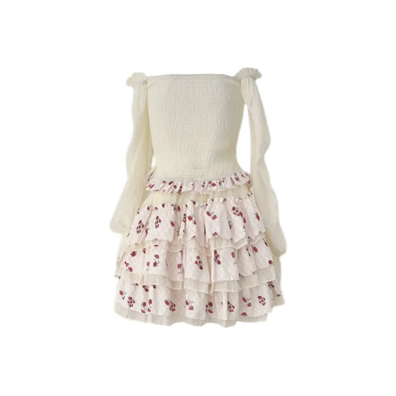 Udon House Skirt Set Women's Apricot+Red-1