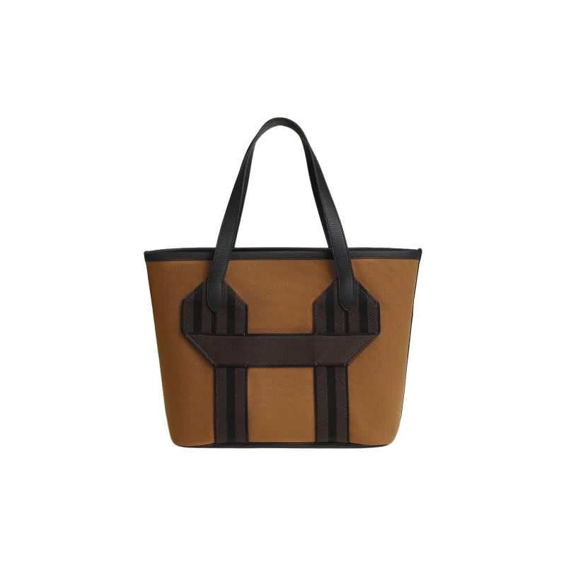 HERMES Pursangle Clemence Leather With Wooly Canvas Tote Bag Shopping Bag Handbag Medium Size Women's Chestnut & Black-0