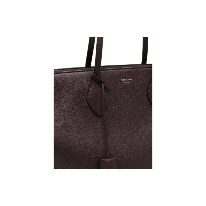 FERRAGAMO Hammered Texture Cow Leather Tote Bag, Shopping Bag, Handbag, Shoulder Bag Tubas Women's Dark Brown-2