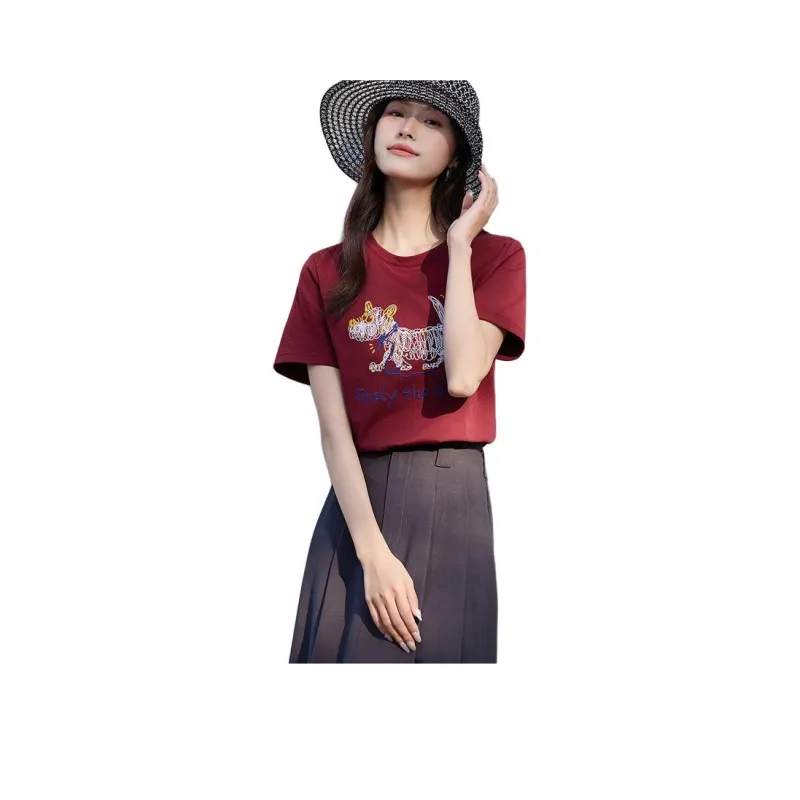 OUNIXUE T Shirt Women's Dark Red-2