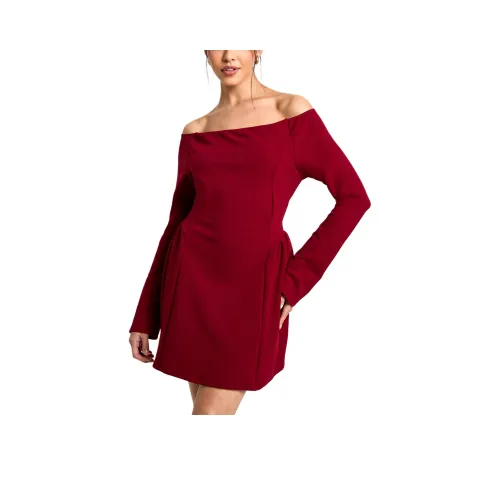 NASTY GAL High Bardot Tie Back Skater Dress Long Sleeved Dresses Women's Burgundy