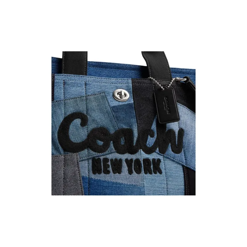 COACH Cargo Denim Bonded Glove Tanned Leather Tote Bag Shopping Bag Handbag Large Size Women's Denim & Silver-5