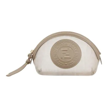 FENDI FF Fabric Handheld Makeup Bag Medium Size Women's Beige