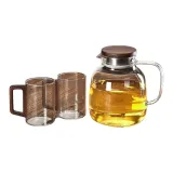 Round Fun Teapot 1800ML[Walnut Wood Lid]+2-Pack Walnut Wood Handle Cups