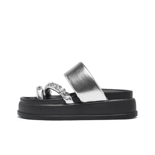 AGSDON Metal Leather Patchwork Quiet Slide Slippers 5.5cm Women's