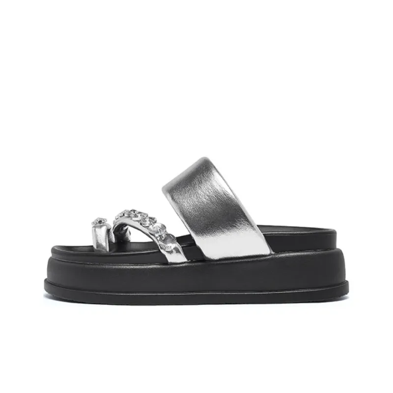 AGSDON Metal Leather Patchwork Quiet Slide Slippers 5.5cm Women's-0