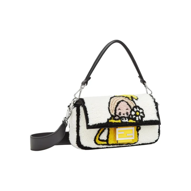 FENDI TAROUT Collaboration Baguette Wool One Shoulder Handbag Medium Size Women's White & Multicolor-1