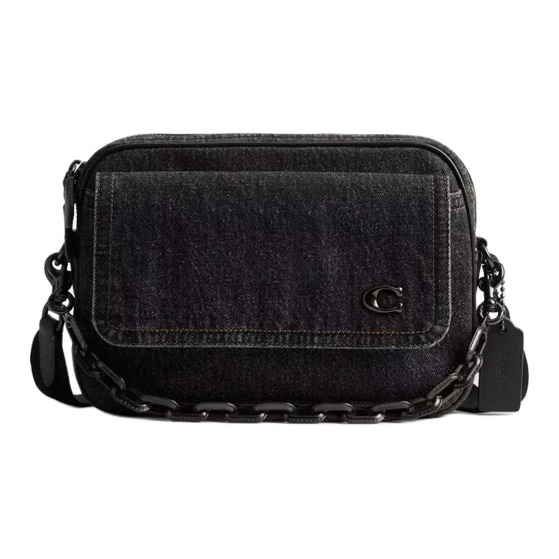 COACH Charter Denim With Refined Calfskin Shoulder Bag Medium Size Men's Washed Black-0