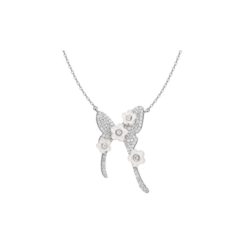 HEFANG 925 Sterling Silver Mother Of Pearl Floral Butterfly Necklace Women's-0