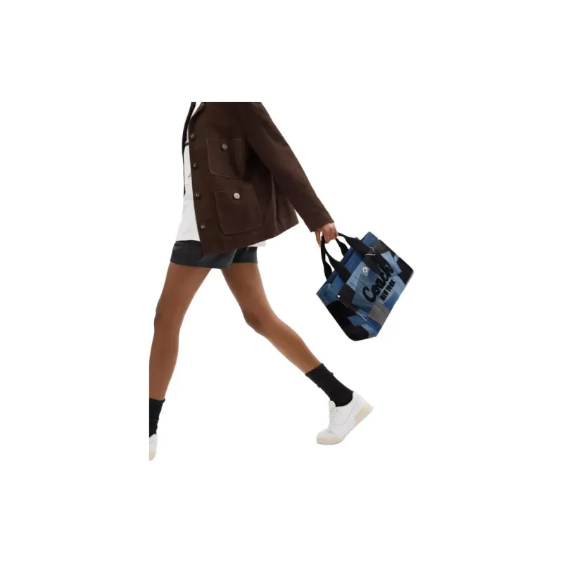 COACH Cargo Denim Bonded Glove Tanned Leather Tote Bag Shopping Bag Handbag Large Size Women's Denim & Silver-6