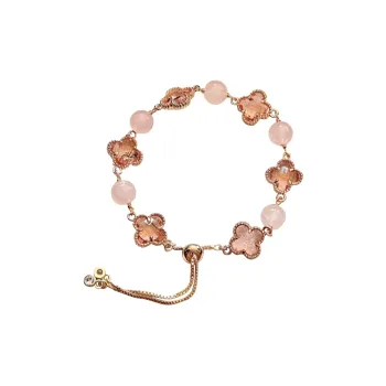 Welcome To The Treasure Lively Clear Gentle Design Trendy Four Leaf Clover Peachy Pink Crystal Bracelets Unisex