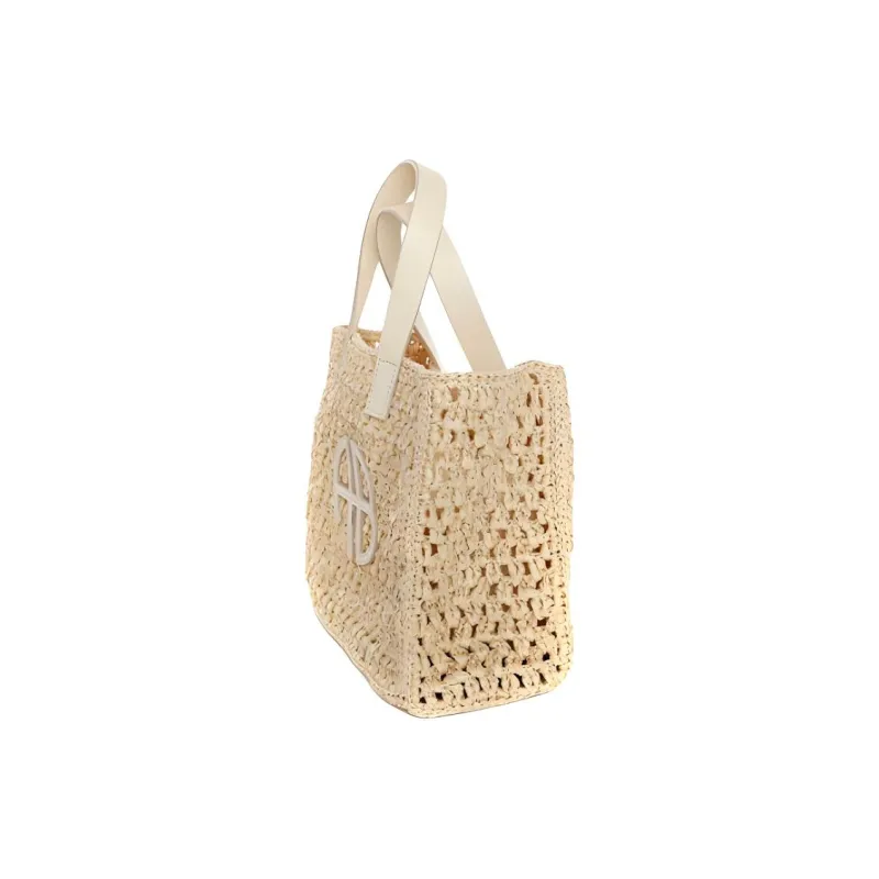 Anine Bing Cow Leather Patchwork With Cellulose Tote Bag Shopping Bag Shoulder Bag Handbag Small Size Women's Cream-2
