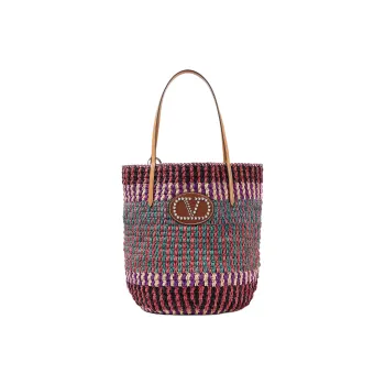 Valentino VLogo Signature Straw Woven Tote Bag, Shopping Bag, Shoulder Bag Large Size Women's Multicolor