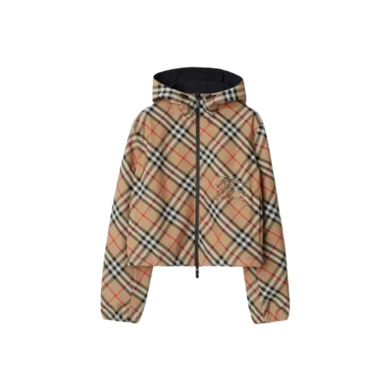 Burberry Cropped Reversible Check Jacket 'Sand'-4