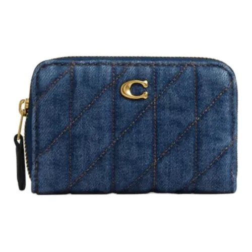 COACH Essential Denim With Nappa Leather Card Holder Small Size Women's Denim & Brass & Dark Blue