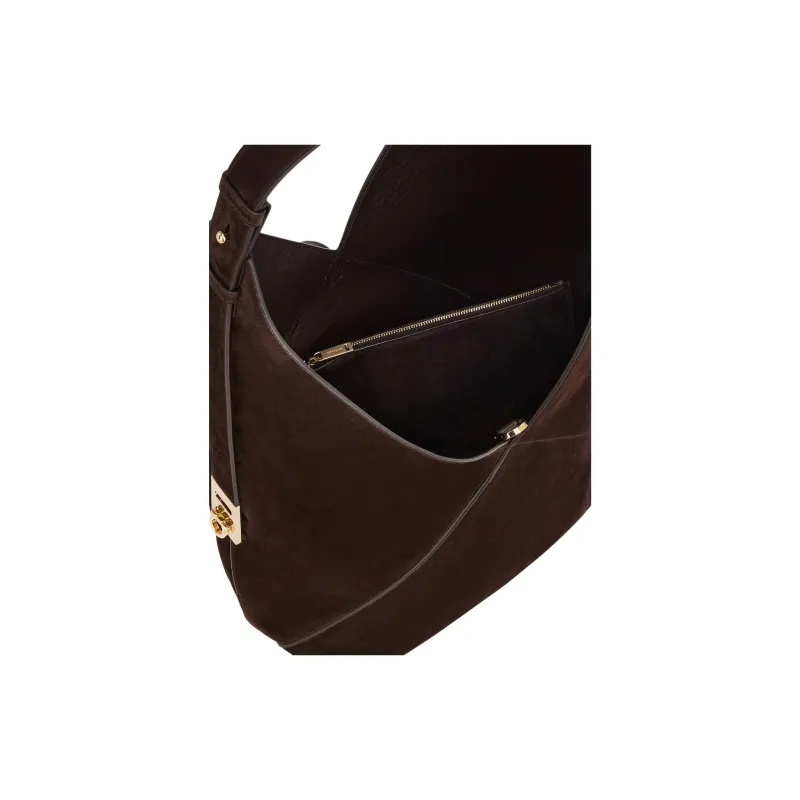 FERRAGAMO Suede Calfskin Hobo Bag Shoulder Bag Women's Dark Brown-3