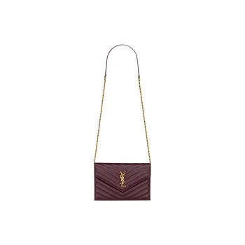 SAINT LAURENT Shiny Leather Clutch Wallet Shoulder Bag Women's Blood Red