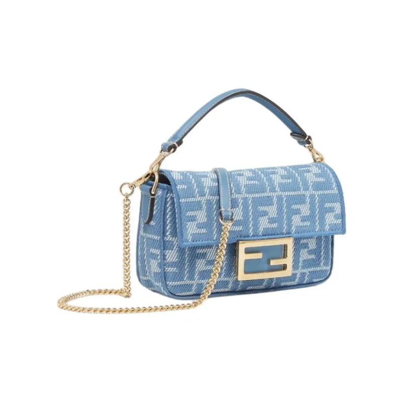 FENDI Baguette Cotton Shoulder Bag Crossbody Bag Handbag Mini Women's Blue-1