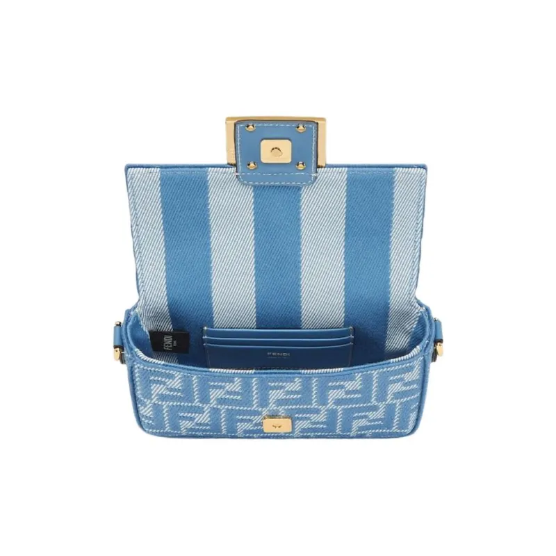 FENDI Baguette Cotton Shoulder Bag Crossbody Bag Handbag Mini Women's Blue-3