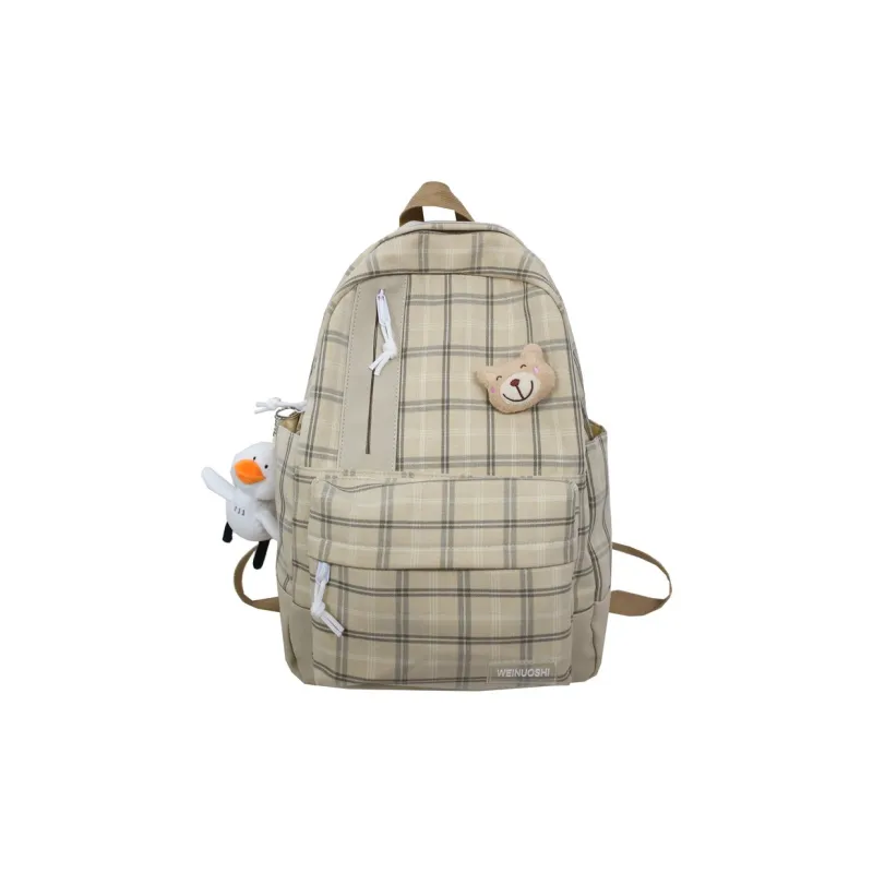 H YXIANG Cotton Linen Blend Backpack Refreshing Plaid Backpack Regular Unisex Multicolor-3
