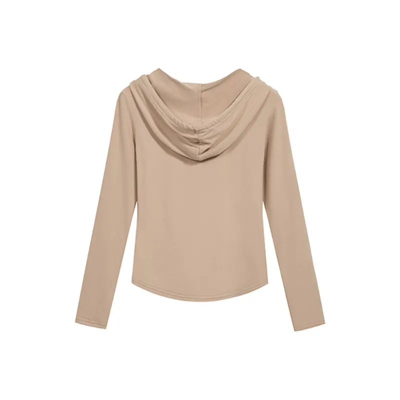 PAIN OR PLEASURE Slimming Hooded Zip Closure Coat Sweatshirt Close Your Eyes And Buy Women's Khaki-3