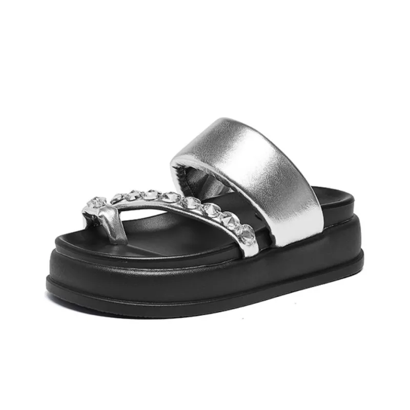 AGSDON Metal Leather Patchwork Quiet Slide Slippers 5.5cm Women's-1