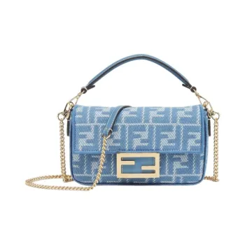 FENDI Baguette Cotton Shoulder Bag Crossbody Bag Handbag Mini Women's Blue
