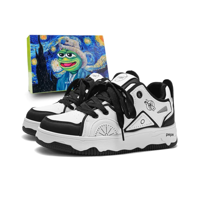 Pepe The Frog Skateboard Shoes Unisex Low Top Ecru/Classic Black White/White Green-7