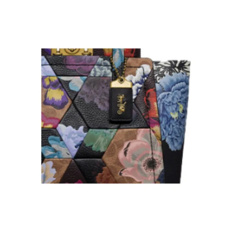 COACH X Kaffe Fassett Troupe Coated Canvas With Leather Tote Bag Shopping Bag Handbag Large Size Women's Black-3