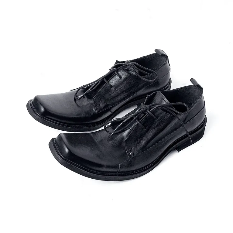 HUANXIANGZHE Square Toe Derby Shoes With Raised Toe, Genuine Leather Casual Leather Shoes Men's Black-2