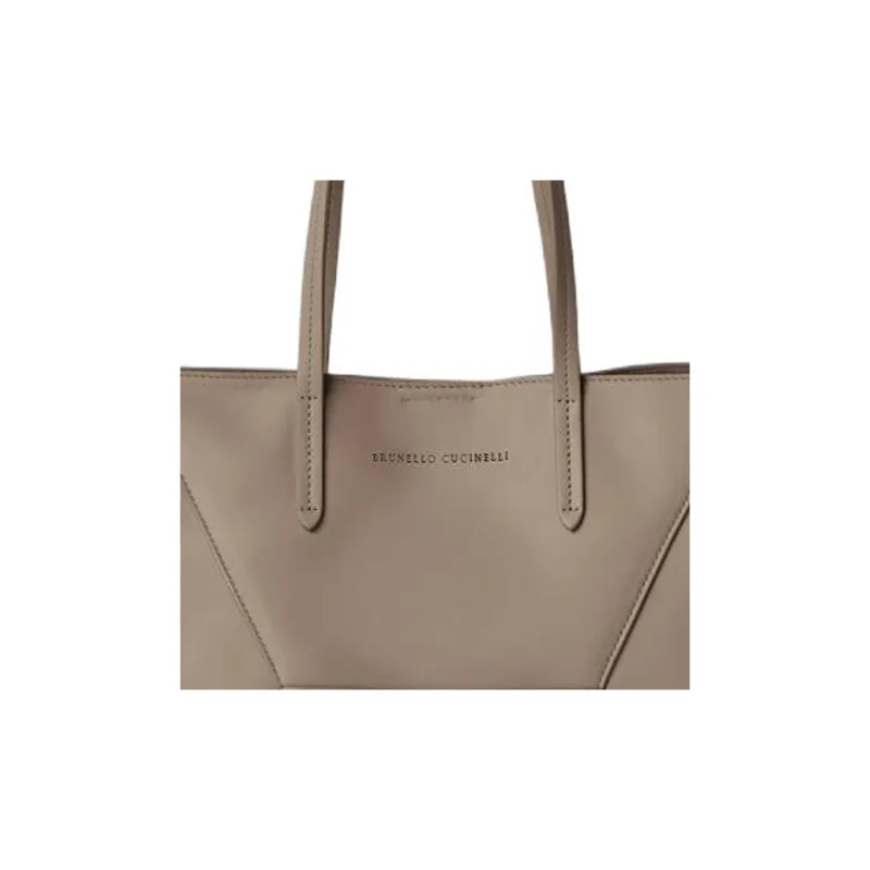 Brunello Cucinelli Calfskin Tote Bag Shopping Bag Shoulder Bags Small Size Women's Taupe Gray-4