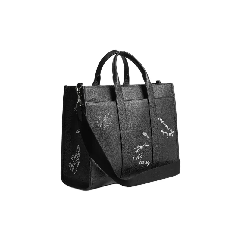 COACH Litchi Grain Leather Tote Bag, Shopping Bag, Shoulder Bag, Handbag Tubas Men's Black-1