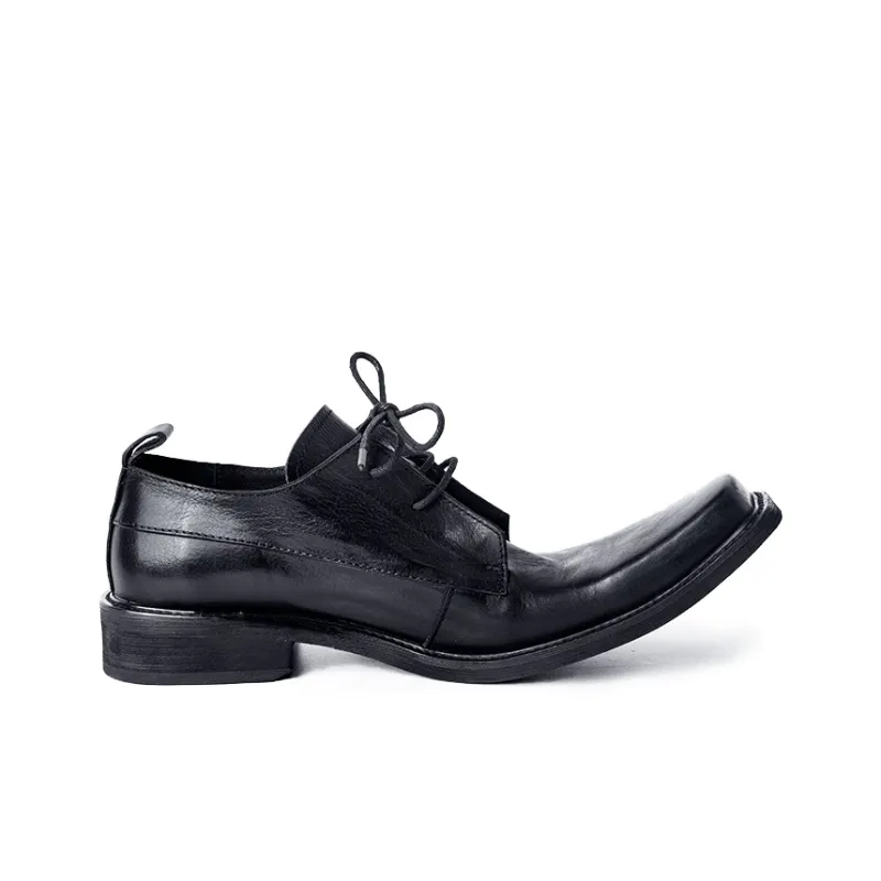 HUANXIANGZHE Square Toe Derby Shoes With Raised Toe, Genuine Leather Casual Leather Shoes Men's Black-1