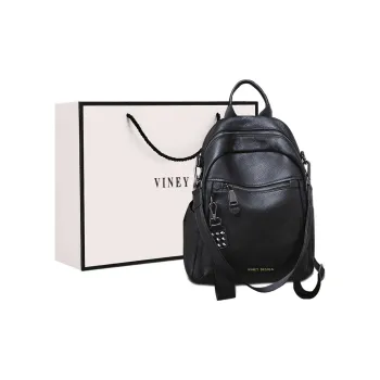 VINEY Cow Leather Backpack Large Size Women's Black